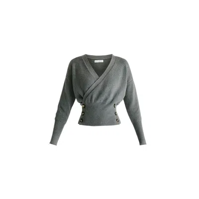 Paisie Women's Knitted Wrap Top With Side Buttons In Grey In Gray