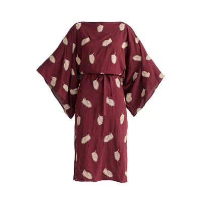 Paisie Women's Leaf Embroidered Kimono Sleeves Midi Dress In Burgundy