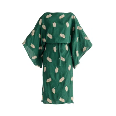 Paisie Women's Leaf Embroidered Kimono Sleeves Midi Dress In Green In Multi
