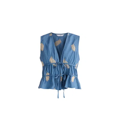 Paisie Women's Leaf Embroidered Tie Front Waistcoat In Blue