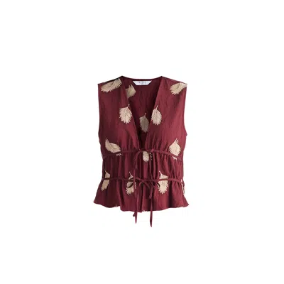 Paisie Women's Leaf Embroidered Tie Front Waistcoat In Burgundy In Multi