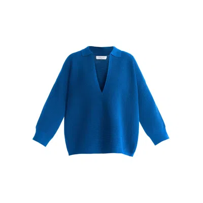 Paisie Women's Low Cut Polo Collar Ribbed Jumper In Denim Blue