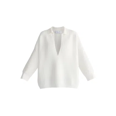 Paisie Women's Low Cut Polo Collar Ribbed Jumper In White