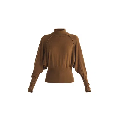 Paisie Women's Mock Neck Batwing Jumper With Ruched Cuffs In Brown