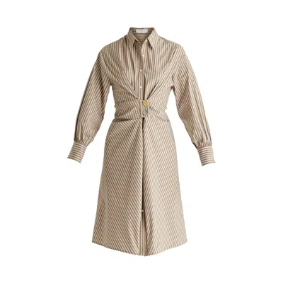 Paisie Women's Neutrals Asymmetric Striped Shirt Dress With Button Detail In Khaki Stripes In Yellow