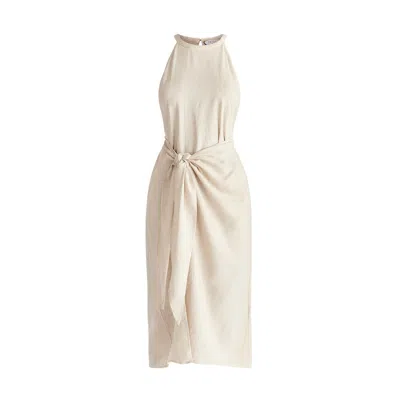 Paisie Women's Neutrals Linen Blend Waist Tie Dress In Oatmeal In White