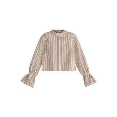 Paisie Women's Neutrals Ruffle Round Neck Blouse With Cinch Wrist Detail In Beige Stripes