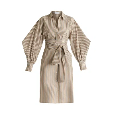 Paisie Women's Neutrals Striped Volume Sleeve Shirt Dress With Matching Tie Belt In Khaki Stripes