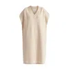 Paisie Women's Neutrals V-neck Sleeveless Ribbed Jumper Dress In Beige In Beige