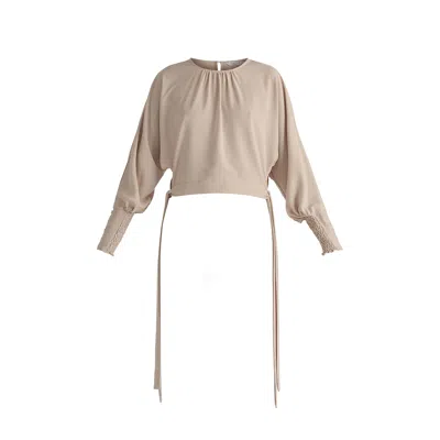 Paisie Women's Neutrals Waist Tie Top With Shirred Cuffs In Cream In White