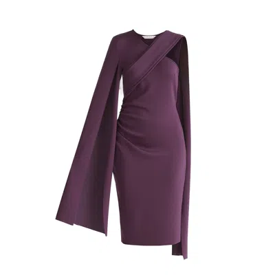 Paisie Women's Pink / Purple Asymmetric Draped Cape Sleeve Dress In Midnight Plum In Pink/purple