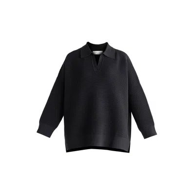 Paisie Women's Polo Collar Ribbed Jumper In Black In Blue