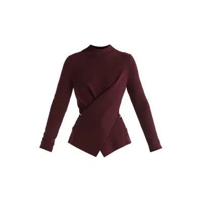 Paisie Women's Purple Wrap Front Knit Top With Mock Neck And Button Detail In Wine