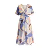 Paisie Women's Retro Wave Midi Dress With Twist Detail Blue, Brown, Pastel Yellow, Pink And White