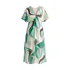 Paisie Women's Retro Wave Midi Dress With Twist Detail In Green, Brown, Blue, Mint And White