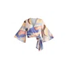 Paisie Women's Retro Wave Wrap Kimono Blouse In Blue, Brown, Pastel Yellow, Pink And White