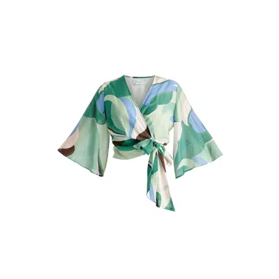 Paisie Women's Retro Wave Wrap Kimono Blouse In Green, Brown, Blue, Mint And White