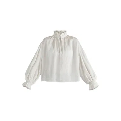 Paisie Women's Ruffle Neck Lyocell Blouse With Smocked Cuffs In White