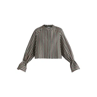 Paisie Women's Ruffle Round Neck Blouse With Cinch Wrist Detail In Black Stripes