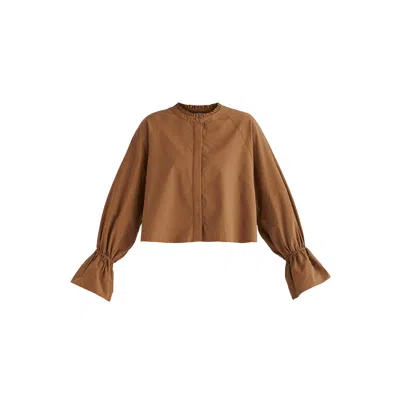 Paisie Women's Ruffle Round Neck Blouse With Cinch Wrist Detail In Brown