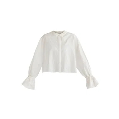 Paisie Women's Ruffle Round Neck Blouse With Cinch Wrist Detail In White