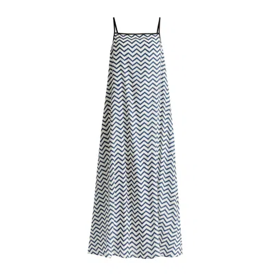 Paisie Women's Spaghetti Strap Swing Dress In Zigzag Pattern In White And Blue