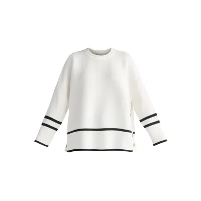 Paisie Women's Striped Details Ribbed Jumper With Side Buttons In White