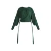 Paisie Women's Waist Tie Top With Shirred Cuffs In Dark Green In Green