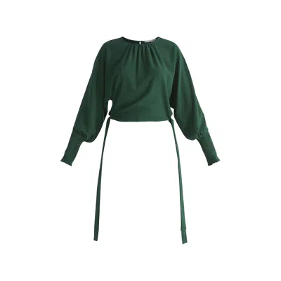 Paisie Women's Waist Tie Top With Shirred Cuffs In Dark Green