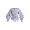 Paisie Women's White / Blue Striped Volume Sleeve Blouse With Matching Belt In White & Blue Stripes In White/blue