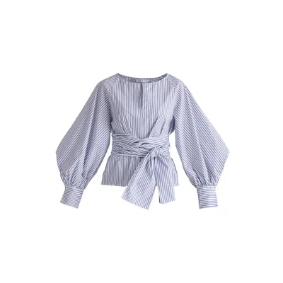 Paisie Women's White / Blue Striped Volume Sleeve Blouse With Matching Belt In White & Blue Stripes In White/blue