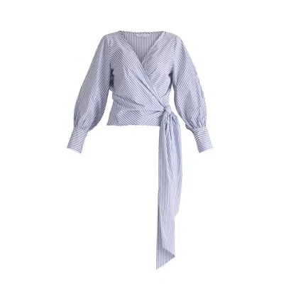Paisie Women's White / Blue Striped Wrap Top With Waist Tie In White & Blue Stripes In White/blue
