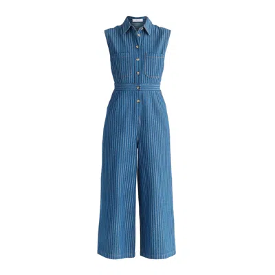 Paisie Women's Wide Leg Denim Jumpsuits In Stripes In Denim Blue