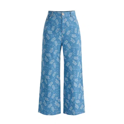 Paisie Women's Wide Leg Denim Trousers In Leaf Pattern In Light Denim Blue