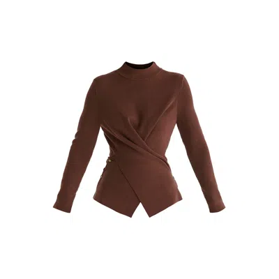 Paisie Women's Wrap Front Knit Top With Mock Neck And Button Detail In Brown
