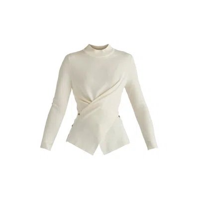 Paisie Women's Wrap Front Knit Top With Mock Neck And Button Detail In White In Neutral