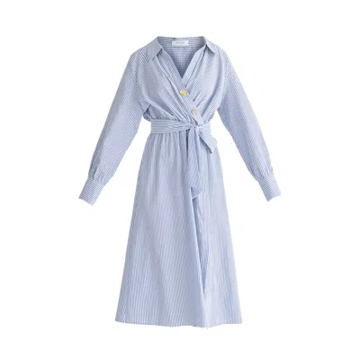 Paisie Women's Wrap Midi Shirt Dress With Metallic Button Details In Blue Stripes