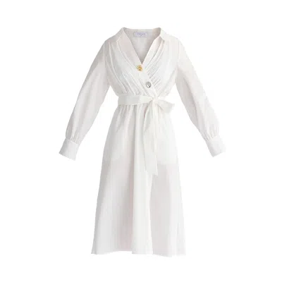 Paisie Women's Wrap Midi Shirt Dress With Metallic Button Details In White