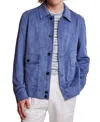 Paisley & Gray Men's Buttoned Bomber Jacket In Soft Blue Micro Suede