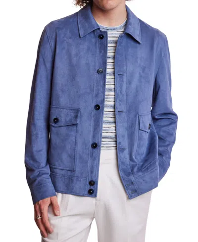 Paisley & Gray Men's Buttoned Bomber Jacket In Soft Blue Micro Suede