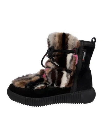 Pre-owned Pajar Fur Animal Print Lace-up Boots In Black