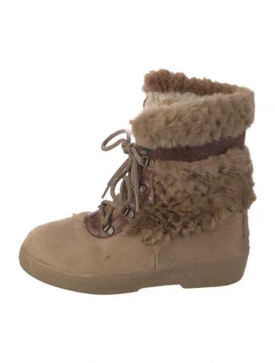 Pre-owned Pajar Ponyhair Fur Trim Lace-up Boots In Brown