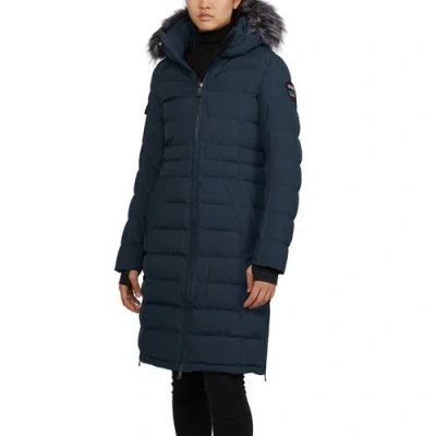 Pajar Venice Long Puffer With Removable Faux Fur Trim In Navy/silver