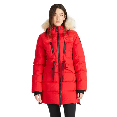 PAJAR WOMEN'S ALIA MIXED MEDIA QUILTED PARKA WITH DETACHABLE HOOD AND FAUX FUR TRIM