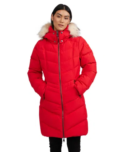 Pajar Women's January Down Chevron Puffer With Detachable Hood Fur In Current Red,crystal