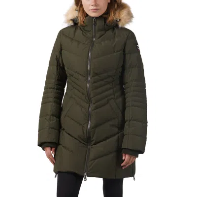 Pajar Women's Queens Faux Fur Trim Chevron Quilt Mid Length Coat In Green