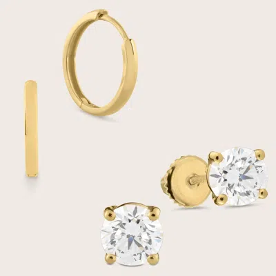 Pajure Domed Huggie Hoops & 1ct Lab Grown Diamond Solitaire Stud Earrings Set In Gold