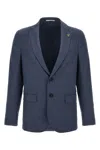 Pal Zileri Brera Brooch-detail Herringbone-pattern Blazer In Blue