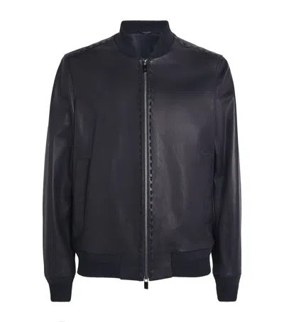 Pal Zileri Leather Bomber Jacket In Blue