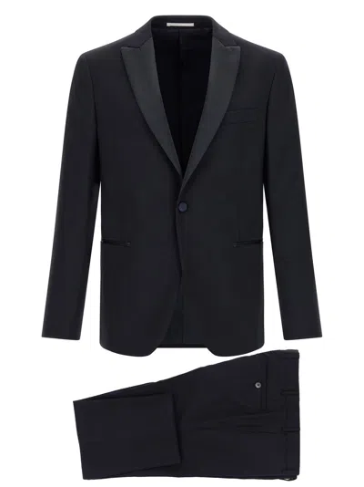 Pal Zileri Satin Peak Lapel Wool Suit In Black